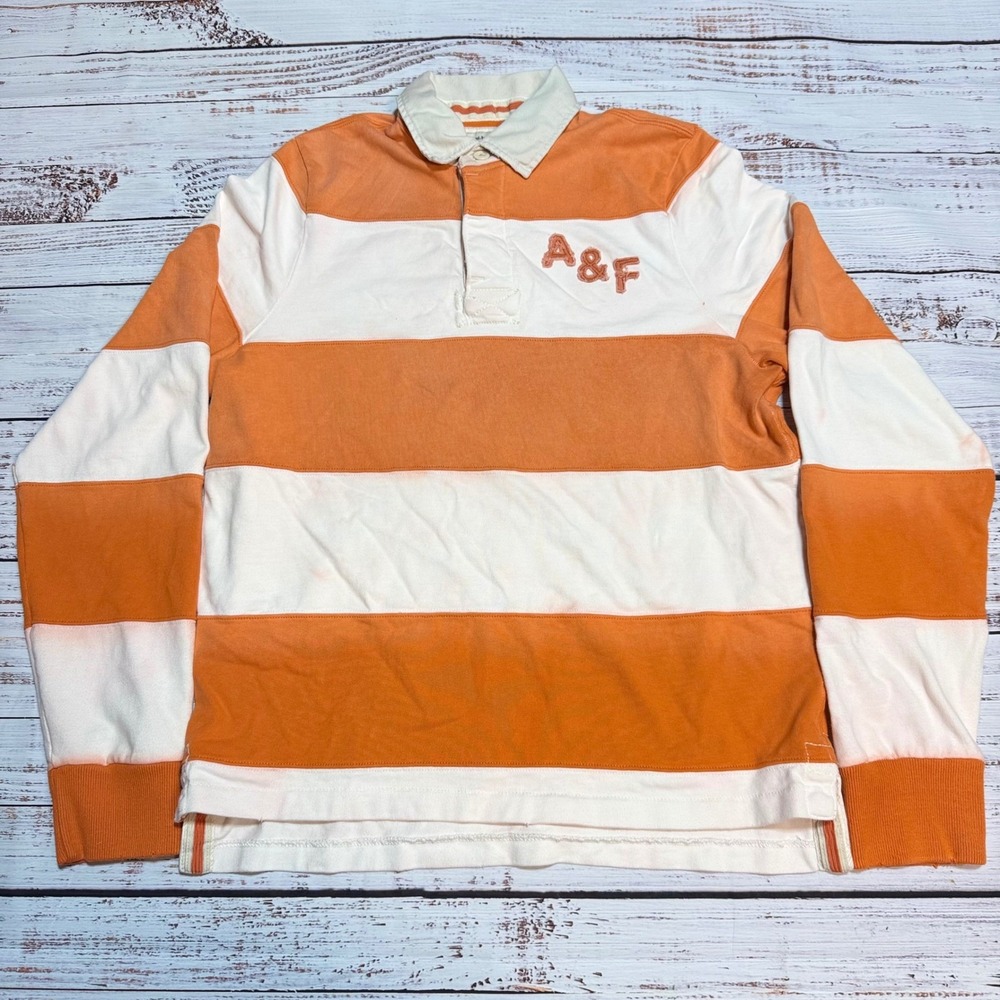 Abercrombie & Fitch Rugby Shirt XXL Striped Orange White Vtg Long Sleeve